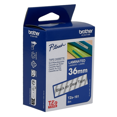 TZE-161 BROTHER 36mm Negro sobre Base Cristal Cinta 8mt para PT-P900W PT9700PC