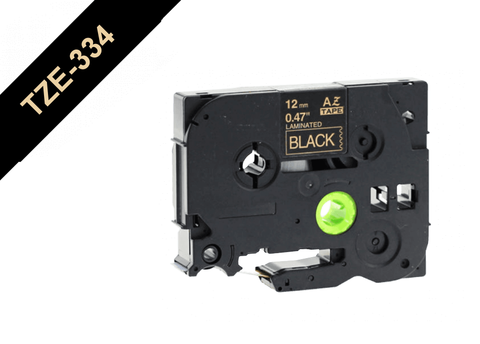 TZE-334 BROTHER 12mm Dorado sobre Base Negra Cinta 8mt para PT-H110/E300/E550/D600