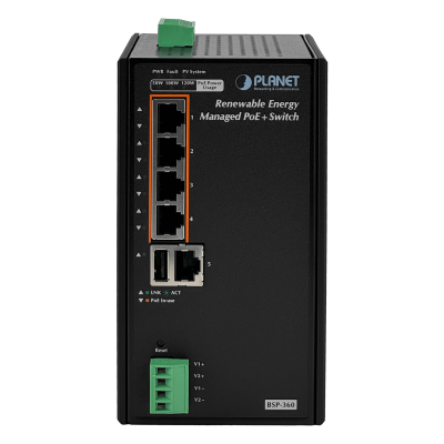 BSP-360 PLANET Switch Gestionable 5 Puertos 1000-PoE+ Alimentación Solar PV24-45V/120W Requiere Batería 24V Carril DIN