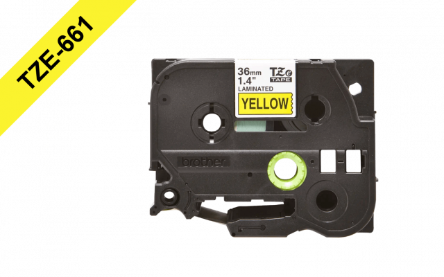 TZE-661 BROTHER 36mm Negro sobre Fondo Amarillo Cinta 8 metros para PT-P900W PT-9700PC