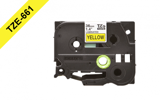 TZE-661 BROTHER 36mm Negro sobre Fondo Amarillo Cinta 8 metros para PT-P900W PT-9700PC