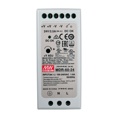 MDR-60-24 MEANWELL Fuente de Alimentación de 24VDC, 60W y 2,5A Ajustable para Riel DIN de 42mm de Ancho