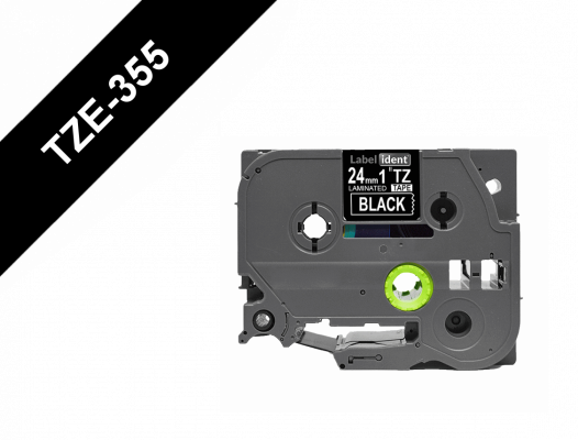 TZE-355 Cinta de 24 mm de ancho para etiquetadora BROTHER, impresión blanca sobre fondo negro, longitud 8 m, compatible con PT-E550WVP/D600VP/P900W