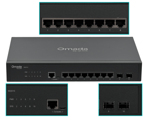 TL-SG3210 Switch gestionable TP-LINK de 8 puertos Gigabit, 2 ranuras SFP y consola RS232-RJ45, montaje en rack, modelo T2500G-10TS