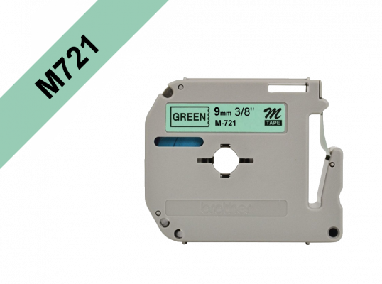 M721 BROTHER Cinta de 9mm Impresión Negra sobre Base Verde rollo 8mt compatible con PT-90