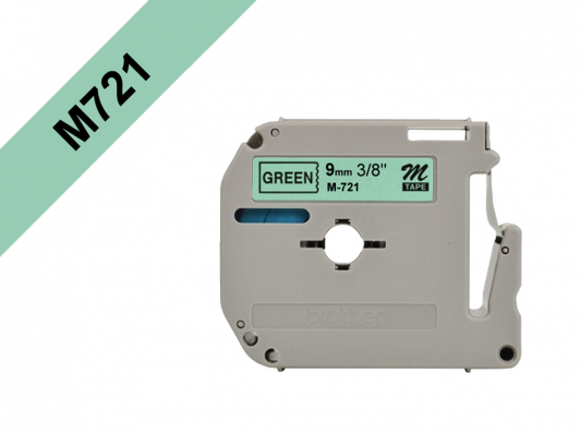 M721 BROTHER Cinta de 9mm Impresión Negra sobre Base Verde rollo 8mt compatible con PT-90