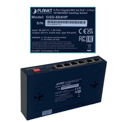GSD-604HP PLANET 6-1000(4-PoE+af/at) 55W-tot Conmutador no-Gestionable no-Rack inc-55V/72W