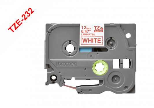 TZE-232 BROTHER 12mm Rojo en Fondo Blanco Cinta 8mt p/PT-H110