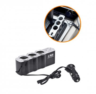 WF-0120 Adaptador 3-Tomas-Hembra Vehicular 1-Puerto-USB-Hembra-AH 5VDC 0,5A 12V/24V-Enchufe-Encendedor