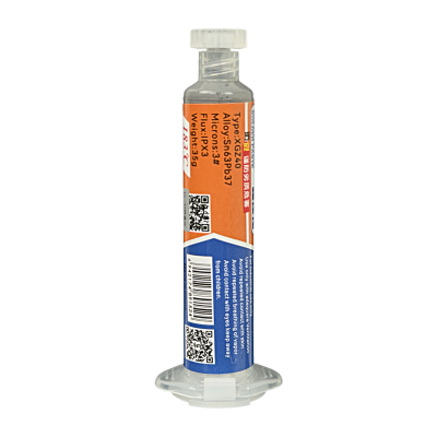 ESTA-PASTA Jeringa dispensadora de aleación para soldadura Composición estaño-plomo Sn63Pb37 Peso neto 35 gramos Punto de fusión 183 grados Celsius Tamaño de partícula 20 a 38 micrómetros Incluye dos puntas aplicadoras