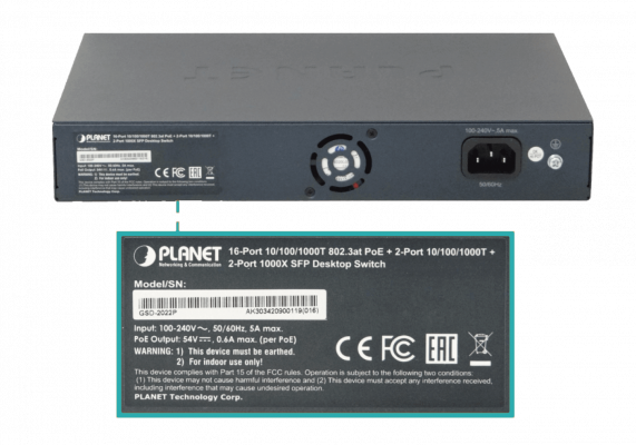 GSD-2022P PLANET Switch rackeable de 19 pulgadas con 18 puertos a 1000Mbps (16 PoE+ af/at), presupuesto total 185W y 2 ranuras SFP