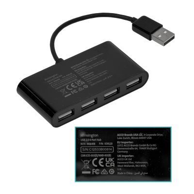 HUB-4 KENSINGTON Hub 4-USB2.0 no permite fuente de poder cable-10cm K39120WW