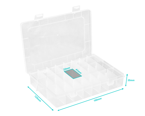 PLA-224 CAJA ORGANIZADORA TRANSPARENTE CON TAPA, 24 COMPARTIMENTOS MODULARES, 190x125x35mm