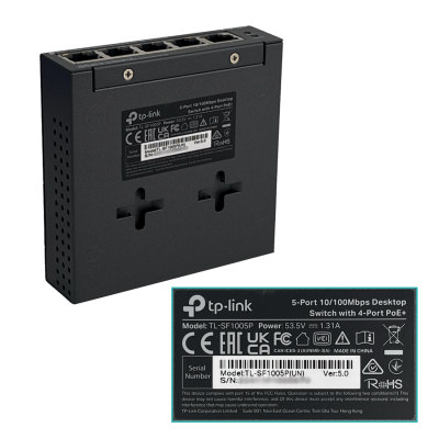 TL-SF1005P TP-LINK Conmutador 5 puertos 10/100 (4 con PoE 48V estándar af) 53W totales, fuente incluida 48V, no gestionable, formato sobremesa