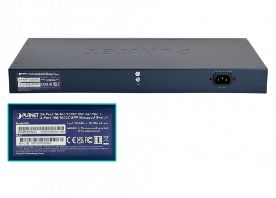 GS-424P PLANET Switch gestionable rack 24 puertos 1000Mbps PoE+af/at 330W 2 ranuras SFP consola Capa 2/Capa 4