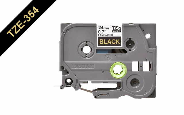 TZE-354 BROTHER Cinta de etiquetado de 24mm, impresión dorada sobre fondo negro, rollo de 8 metros, compatible con equipos PT-E550WVP, D600VP y P900W