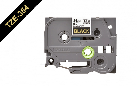TZE-354 BROTHER Cinta de etiquetado de 24mm, impresión dorada sobre fondo negro, rollo de 8 metros, compatible con equipos PT-E550WVP, D600VP y P900W