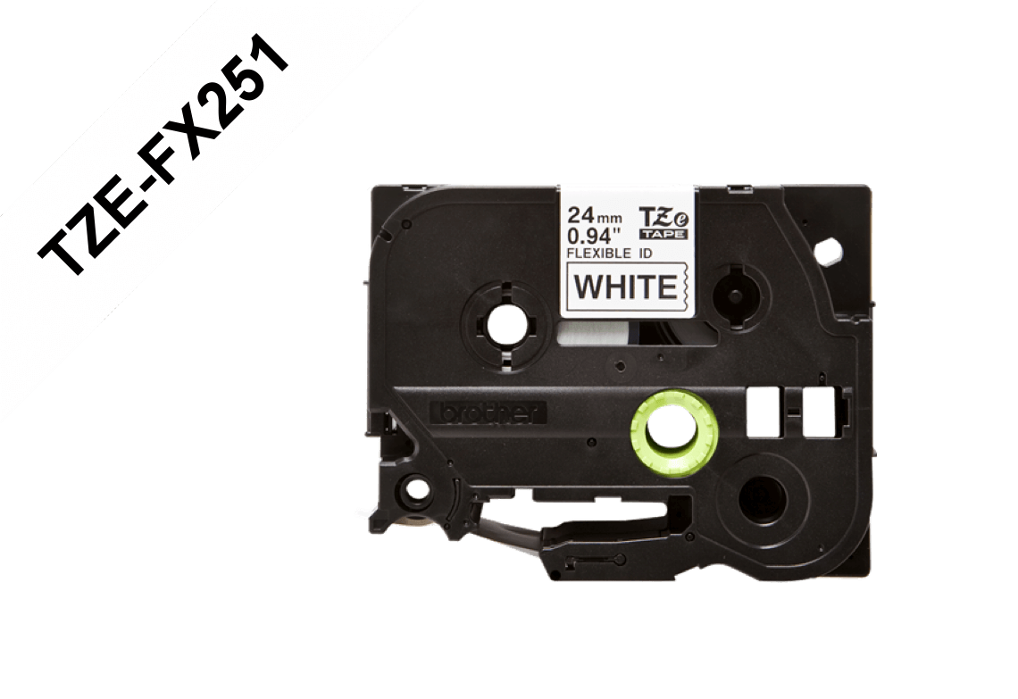 TZE-FX251 BROTHER Cinta flexible de 24mm de ancho, impresión negra sobre fondo blanco, rollo de 8m para equipos PT-E550WVP/D600VP