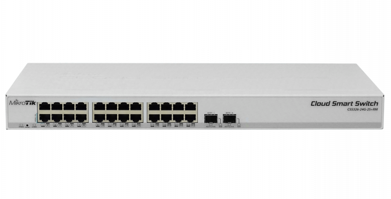 CSS326-24G-2S+RM MIKROTIK Switch Inteligente 24 Puertos 1000Base-T 2 Ranuras SFP/SFP+ 10G 10-30V PoE-in SwOS Montaje en Bastidor