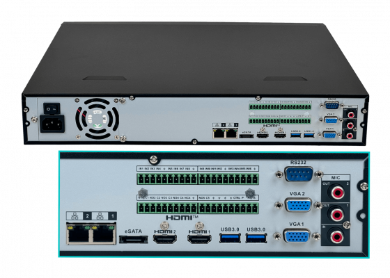NVR5464 DAHUA NVR 64-CH 32MP 2-HDMI VGA RCA 3-USB 4xSATA16TB WizSense Alarma
