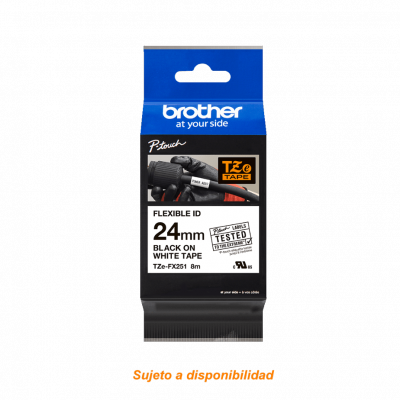 TZE-FX251 BROTHER Cinta flexible de 24mm de ancho, impresión negra sobre fondo blanco, rollo de 8m para equipos PT-E550WVP/D600VP