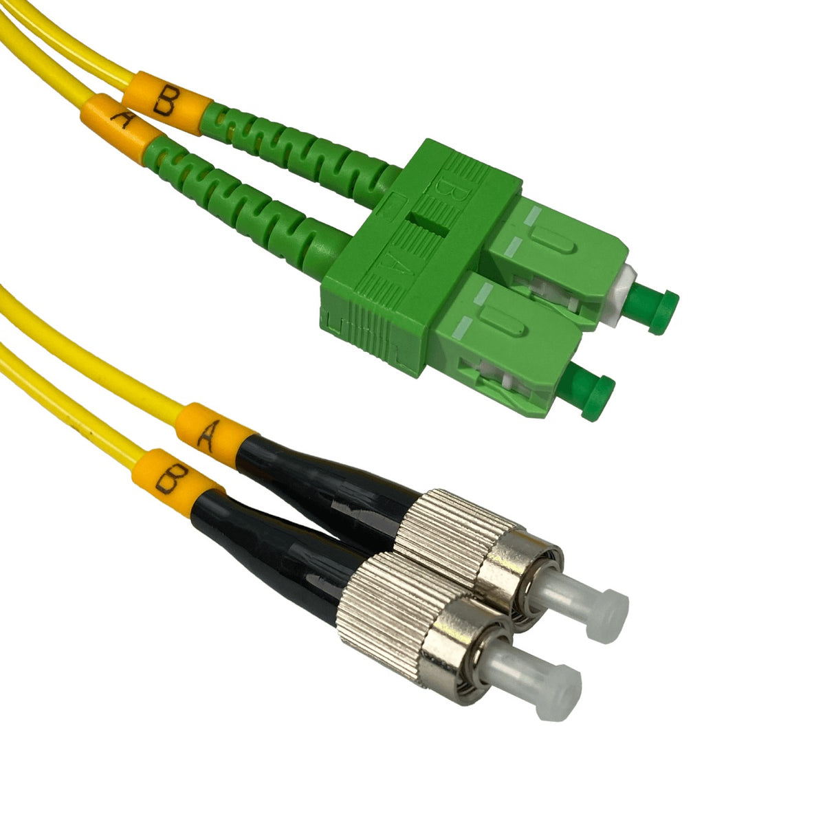 JFSAF3. Cable puente de fibra óptica monomodo dúplex de 3 metros con conectores SC/APC a FC/UPC, núcleo de 9/125 µm y cubierta de 3 mm