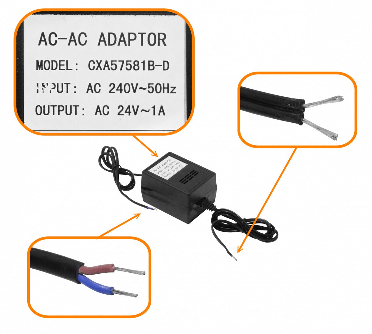 F24-A24 Transformador Fuente de Alimentación 24VAC 1A 24W con Cables Sueltos 1000mA