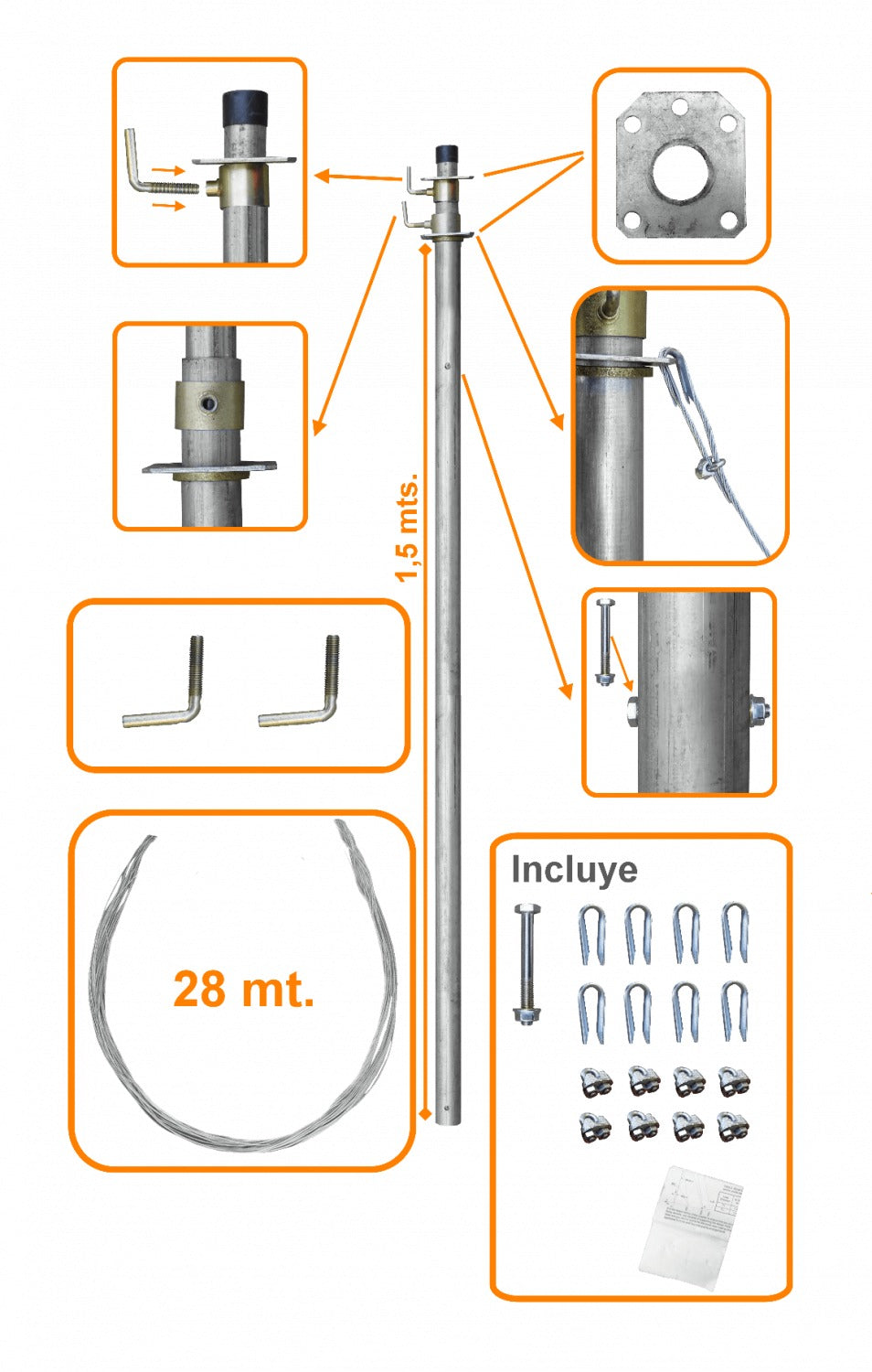 MAST-10 LINKMADE 3mt Poste Telescópico con Tensores 2-Secciones-1,5mt