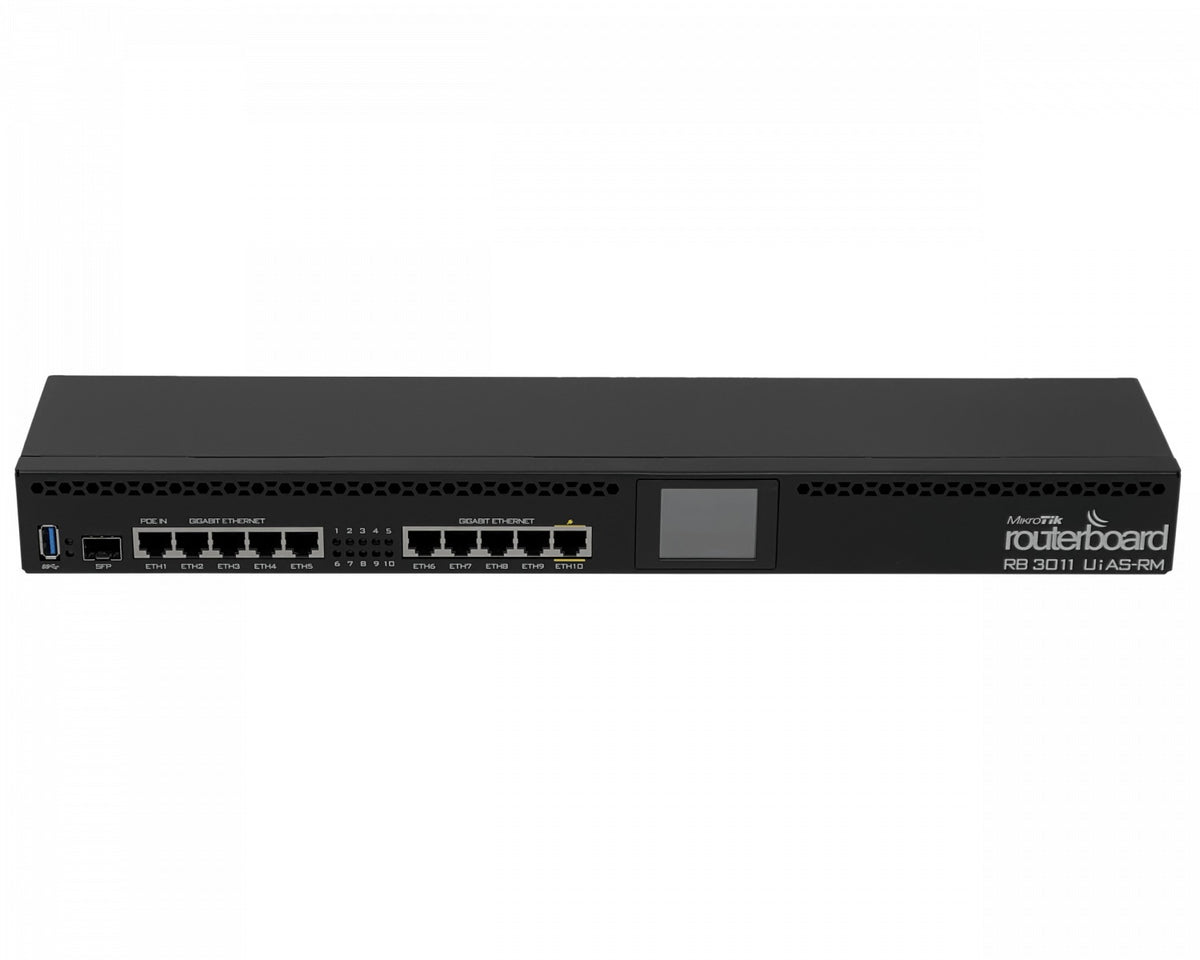 RB3011UIAS-RM MIKROTIK Router 10-1000 1-SFP 1-USB Pantalla LCD Licencia5 1,4GHz-Dual 1GB 1U-Rack 10-30VDC