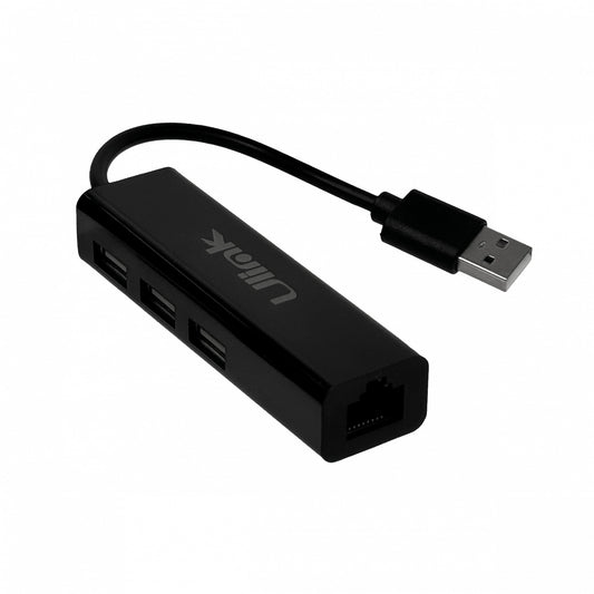 GENLANHUB ULINK Negro Adaptador Hub Multipuerto 1-USB2.0 a 1-LAN-RJ45-Ethernet 10/100Mbps y 3-USB2.0