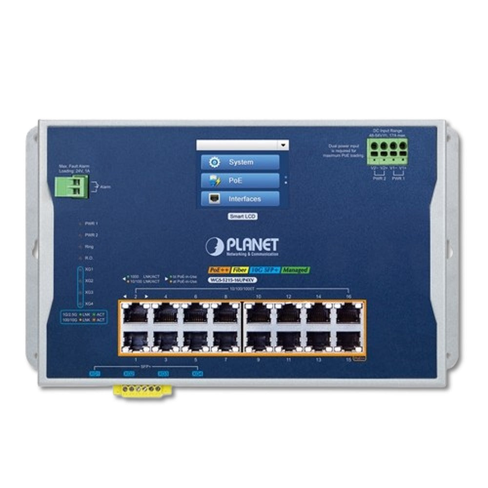 Switch Industrial Administrable L2+ 16 Puertos Gigabit PoE++ + 4 SFP+ 10G PLANET WGS-5215-16UP4XV con LCD
