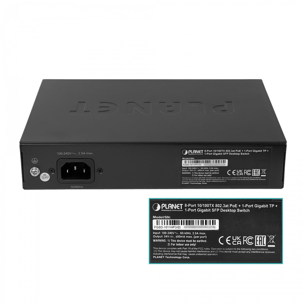 FGSD-1011HP PLANET Switch No Administrable de 19 Pulgadas con 8 Puertos 100Mbps PoE+at, 1 Puerto 1000Mbps, 1 SFP y 120W Totales