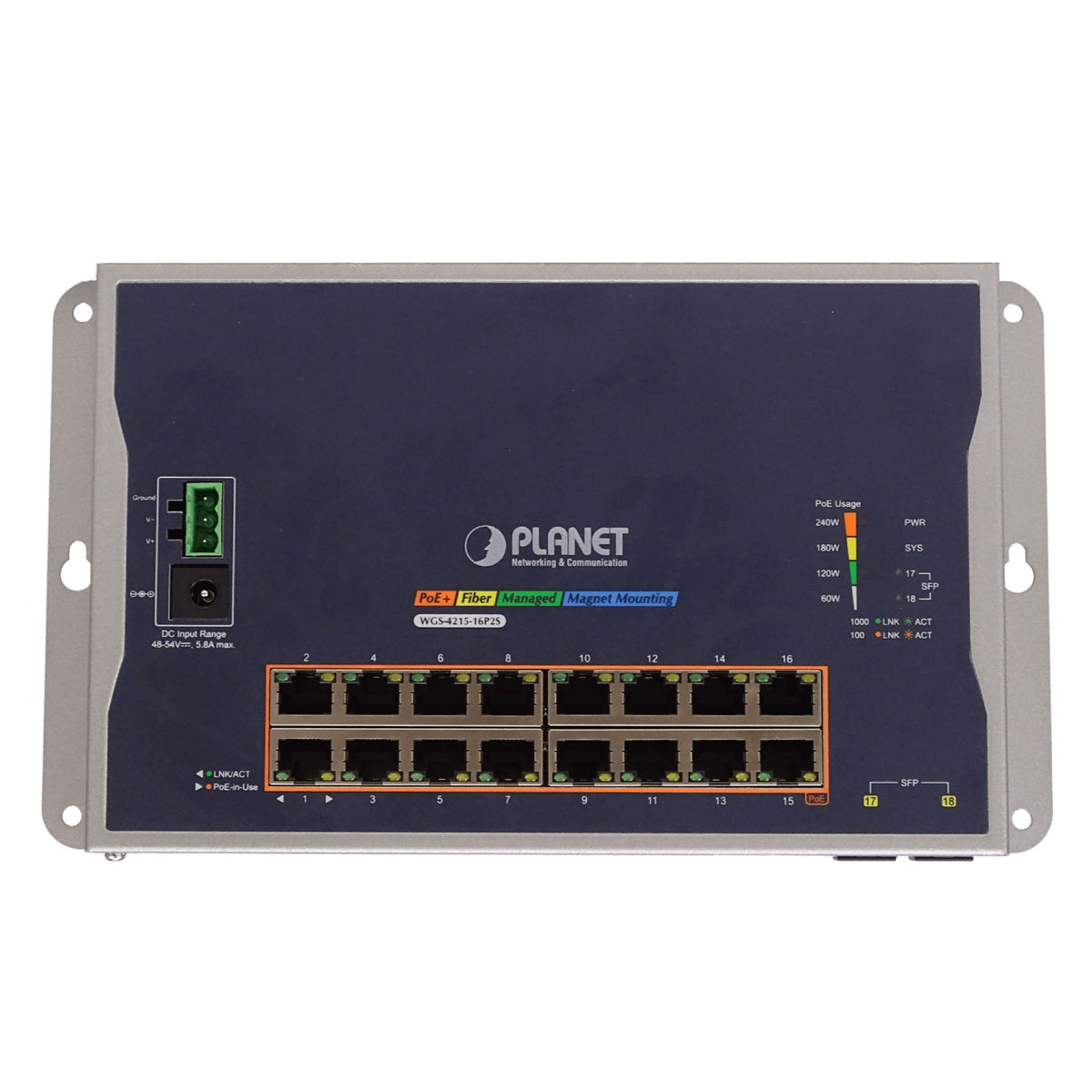 WGS-42 PLANET 16 puertos 10/100/1000 PoE+ 2 ranuras SFP 240W Conmutador Industrial Gestionable para montaje en Riel-DIN 48/54VDC