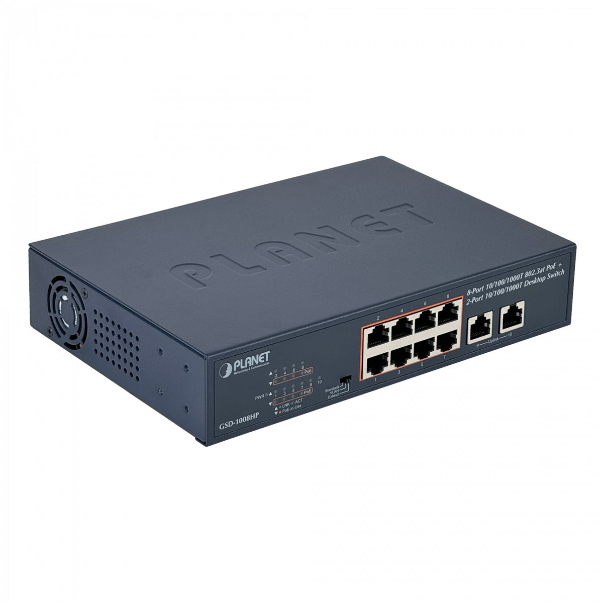 GSD-1008HP PLANET 10/1000 Mbps (8 puertos PoE+ 802.3af/at) 120W totales Switch no administrable para montaje en rack de 10 pulgadas, compatible con rack de 19 pulgadas