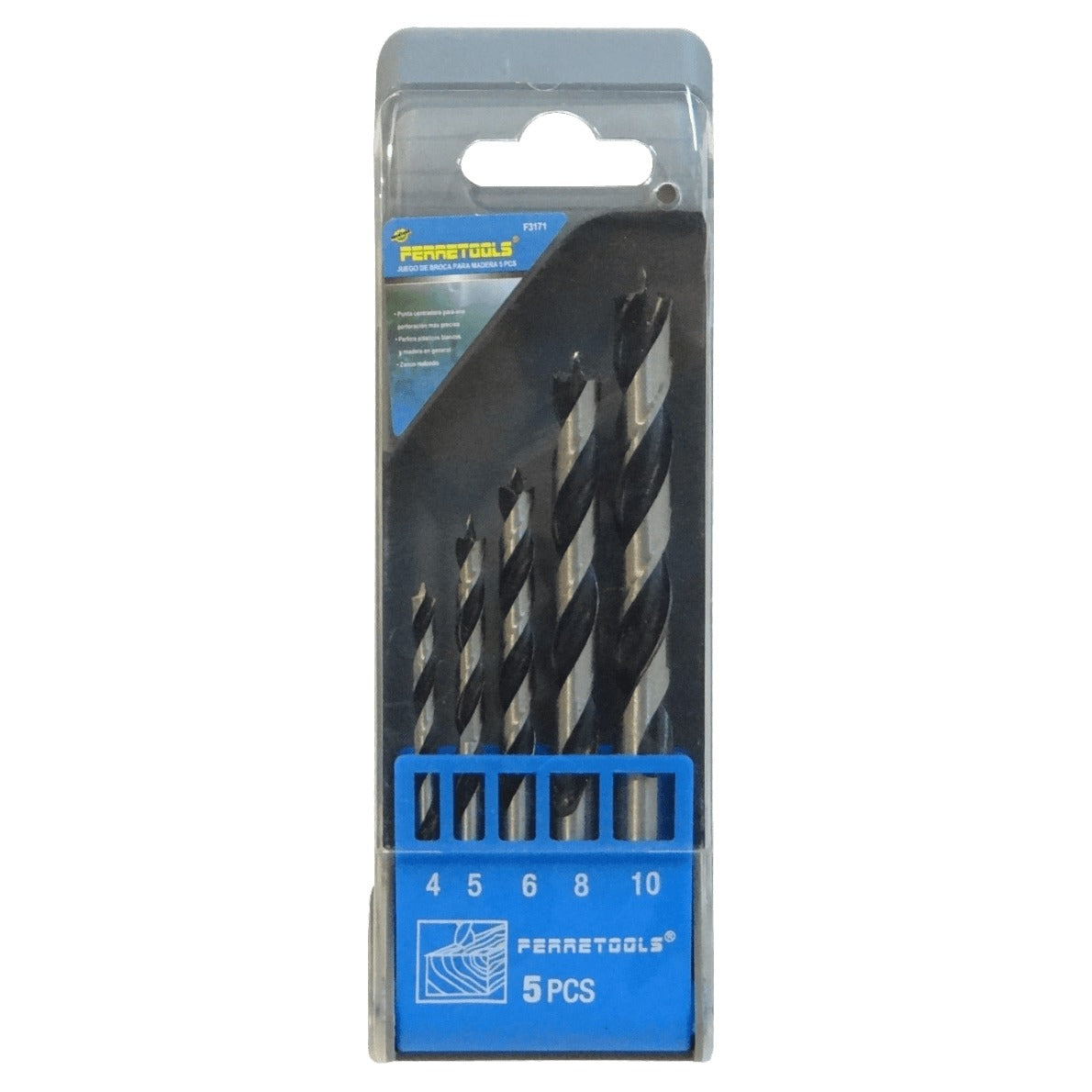 BROCAS-MADERA Juego de 5 Brocas para Madera 4x71mm 5x81mm 6x89mm 8x108mm 10x116mm