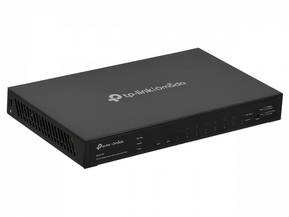 SG2210P. Conmutador inteligente de escritorio TP-LINK con 8 puertos 1000 PoE+ y 2 ranuras SFP, potencia total de 53 W, incluye fuente de 53 V, compatible con Omada.