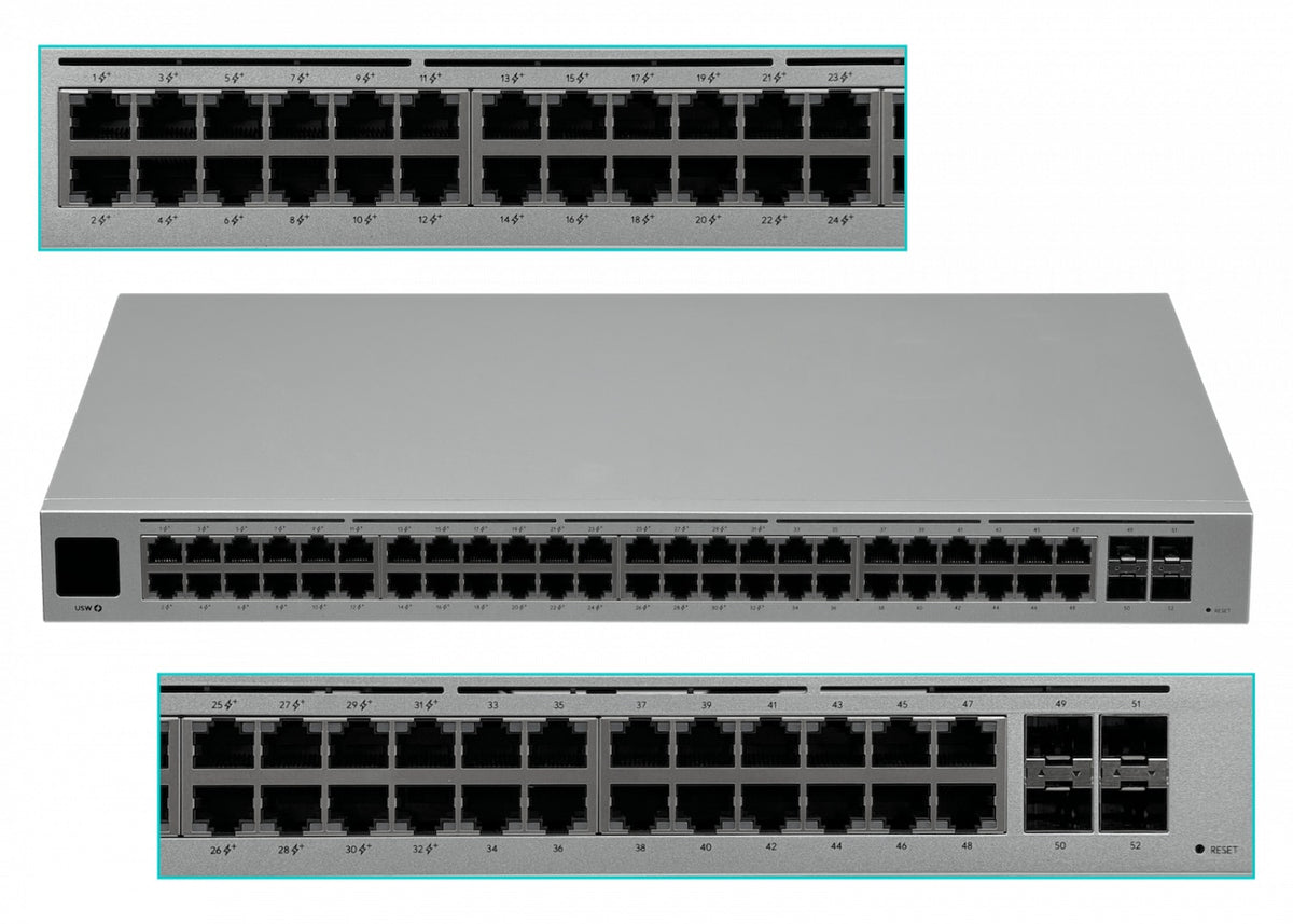 USW-48-POE. UI conmutador 195 W totales, 48 puertos 1000 (32 PoE 48af/52at), 4 SFP, requiere UniFi USW-48-POE-EU UBIQUITI
