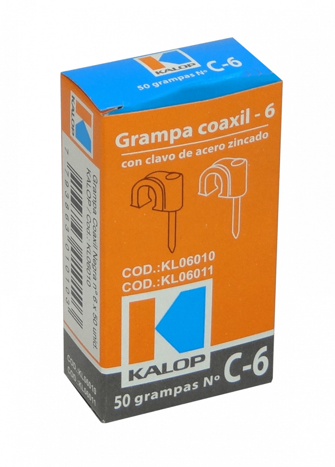 GRAMPA-C6N KALOP 50-UN C6 Negra 6x6mm Clavo-15x2mm Zincado Sujeta-Cable Coaxial