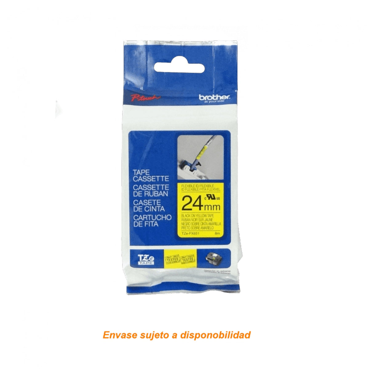 TZE-FX651 BROTHER Flex 24mm Negro en Fondo Amarillo Cinta 8mt p/PT-E550WVP/D600V