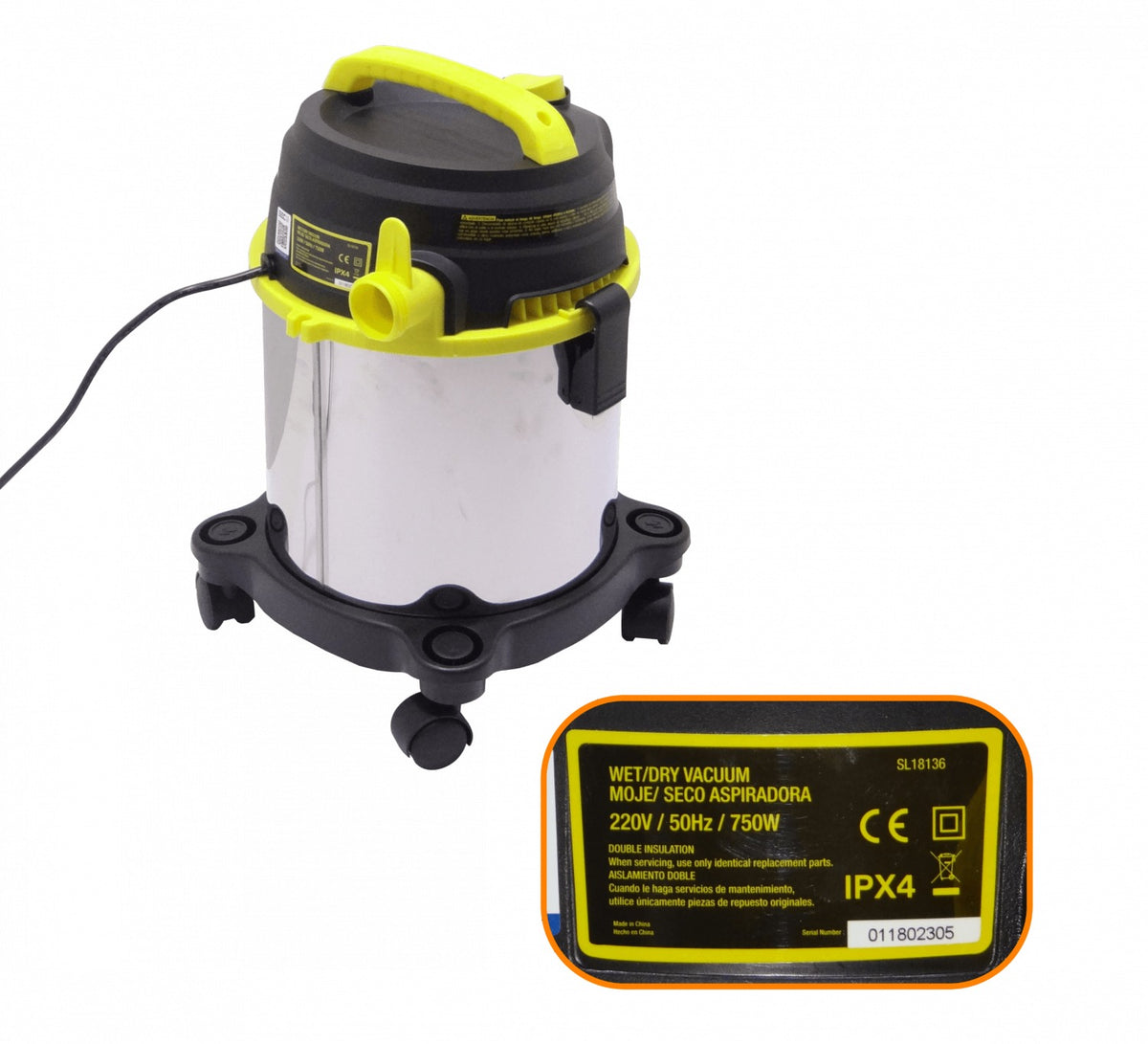 ASPIRADORA-750 Aspiradora STANLEY 750 Vatios para Líquidos y Sólidos Depósito 11,5 Litros 4,0 Caballos de Fuerza 220 Voltios Cable 3,6 metros Protección IPX4