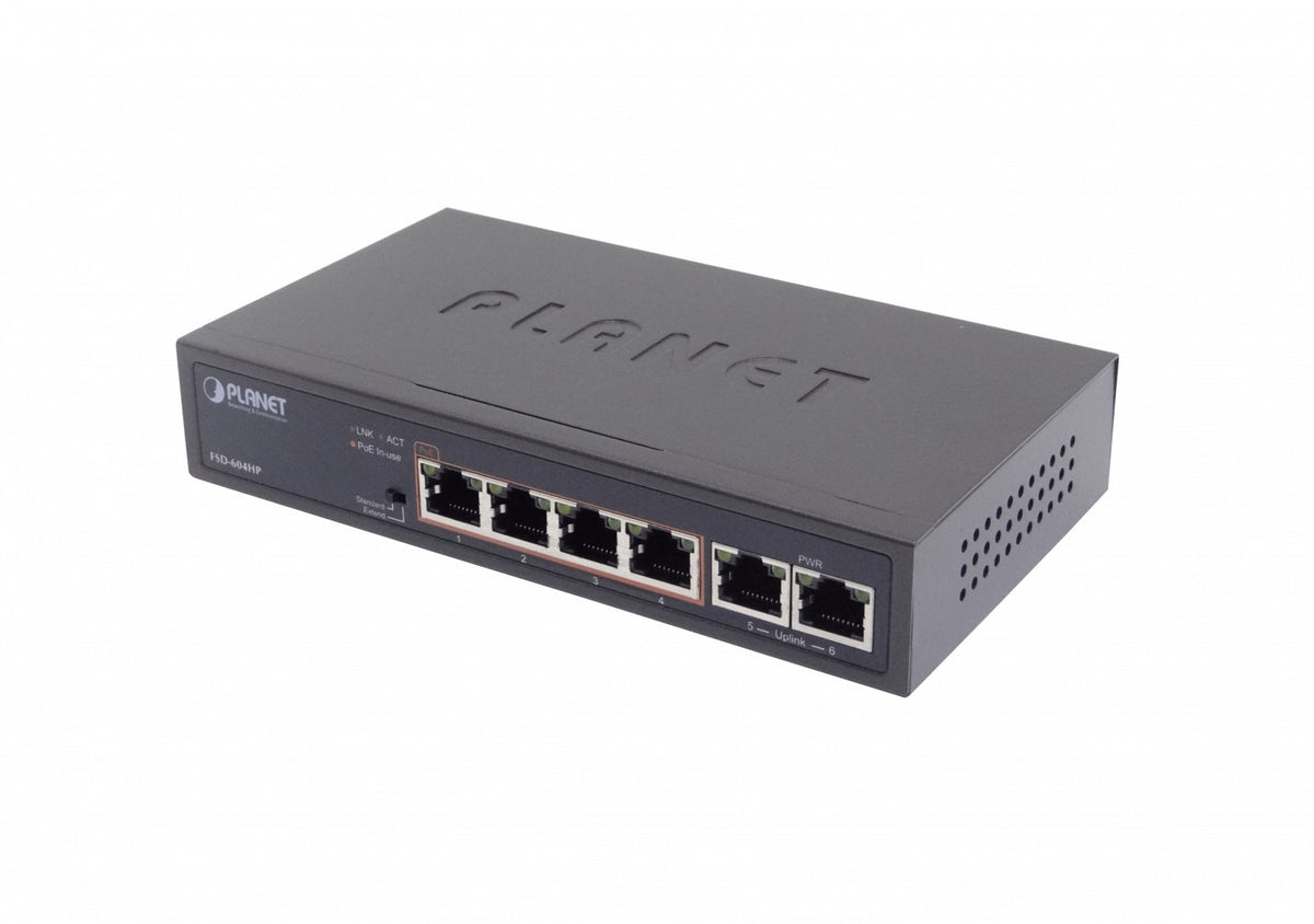FSD-604HP PLANET Switch no administrable 6 puertos 100Mbps (4 PoE+ af/at) Extensión 250m Presupuesto total 60W No montable en rack