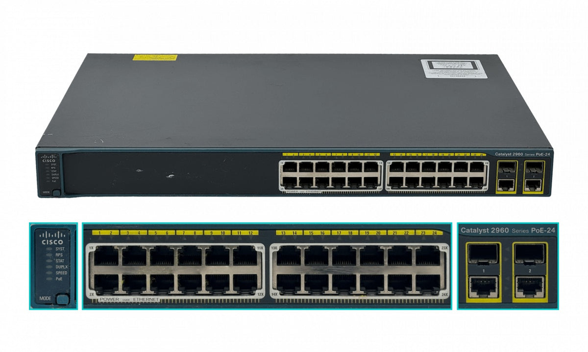 WS-C2960-24PC-L DE SEGUNDA MANO CISCO CONMUTADOR 24-PUERTOS-100Mbps-PoE 370W-TOTAL 2-PUERTOS-SFP-COMPARTIDOS TERMINAL ADMINISTRACION BASTIDOR