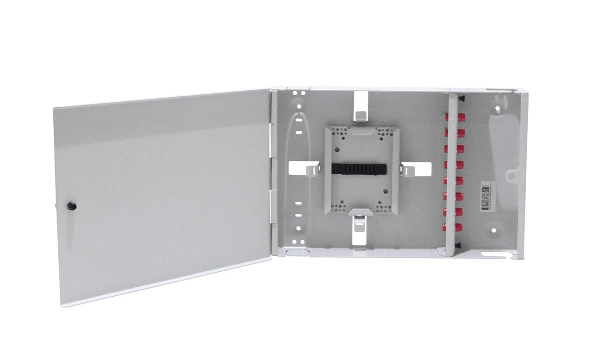 CFM-8F Caja mural cabecera gris de 30x20cm con 8 fibras FC/UPC, incluye acopladores, pigtails y manguera
