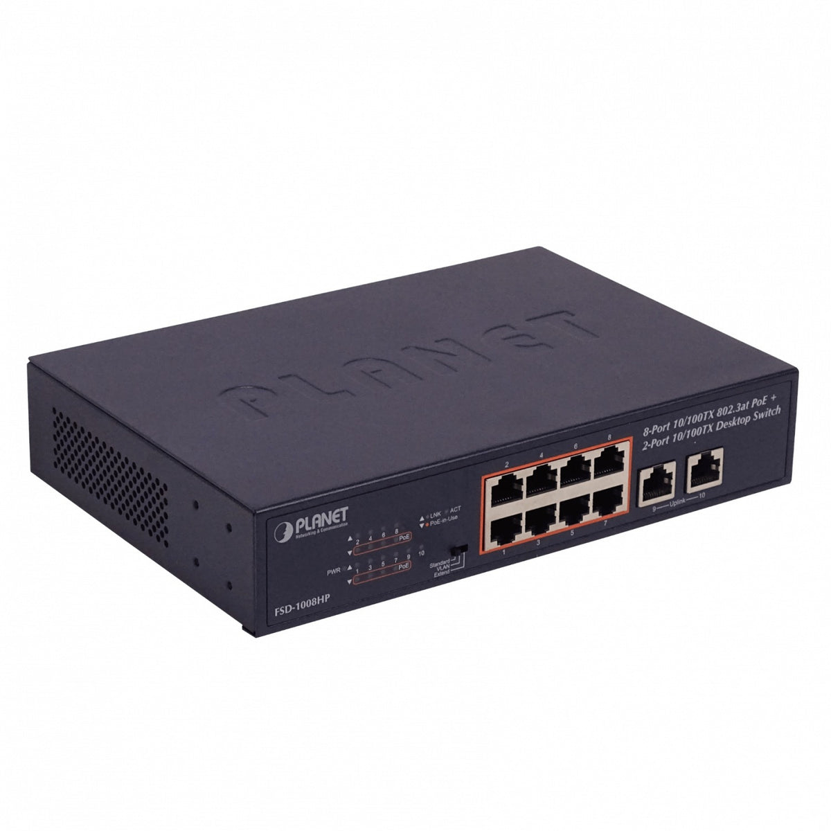 FSD-1008HP PLANET 10-100(8-PoE+af/at) 120W-tot Conmutador no-Gestionable Rack-10p Rack-19p