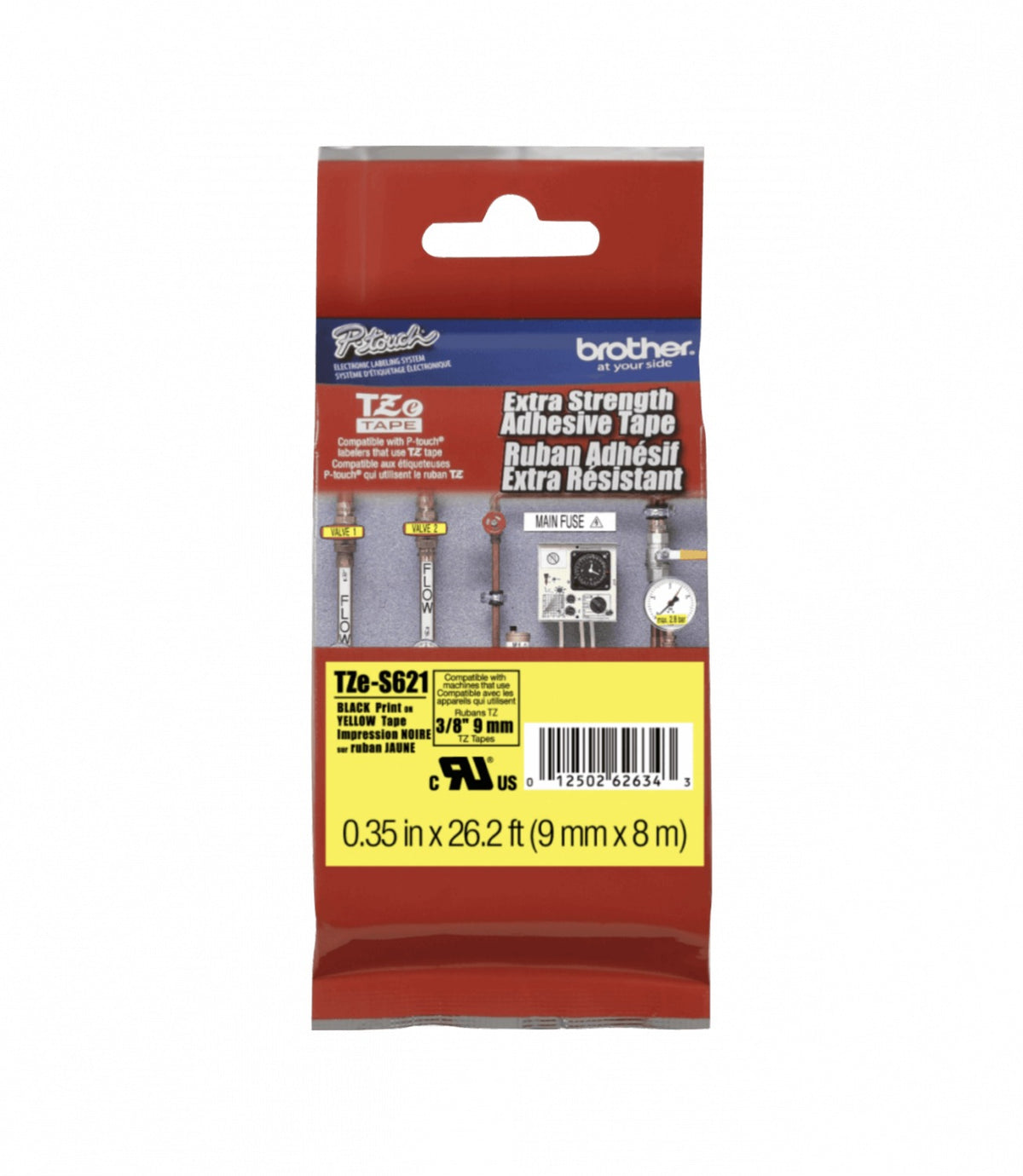 TZE-S621 BROTHER E-P 9mm Tinta Negra sobre Base Amarilla Cinta 8 metros para PT-H110 Adhesivo Reforzado