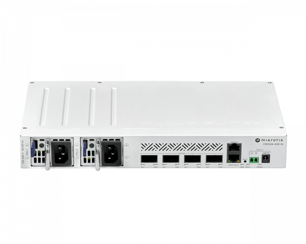 CRS504-4XQ-IN MIKROTIK 4-QSFP28-100G 1-100 L5 36-57VDC 2-220VAC necesita-cables-C13 PoE-entrada