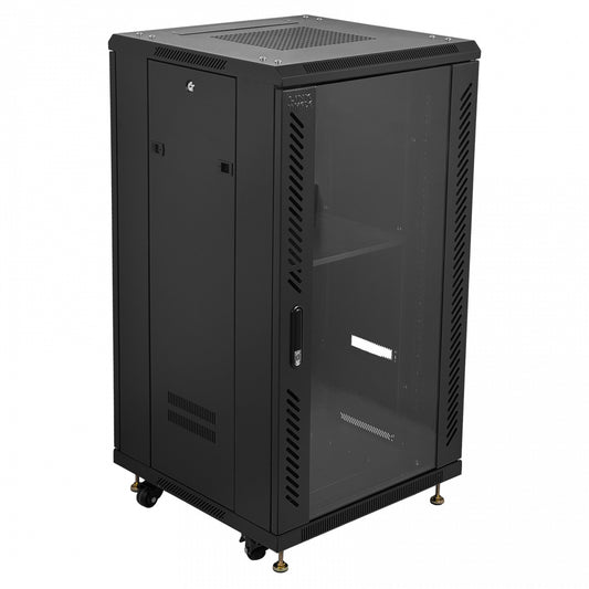 RK22-6LD LINKMADE Gabinete rack desarmable 22U con puerta de vidrio, 60cm de fondo, ventilador y PDU, 3 cajas