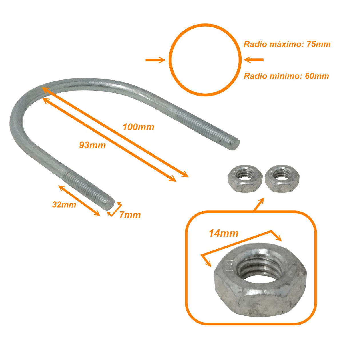 UDN-06 Abrazadera para fijación a poste o tubo de 60 a 75mm de diámetro, con 2 tuercas de 14mm y pletina requerida