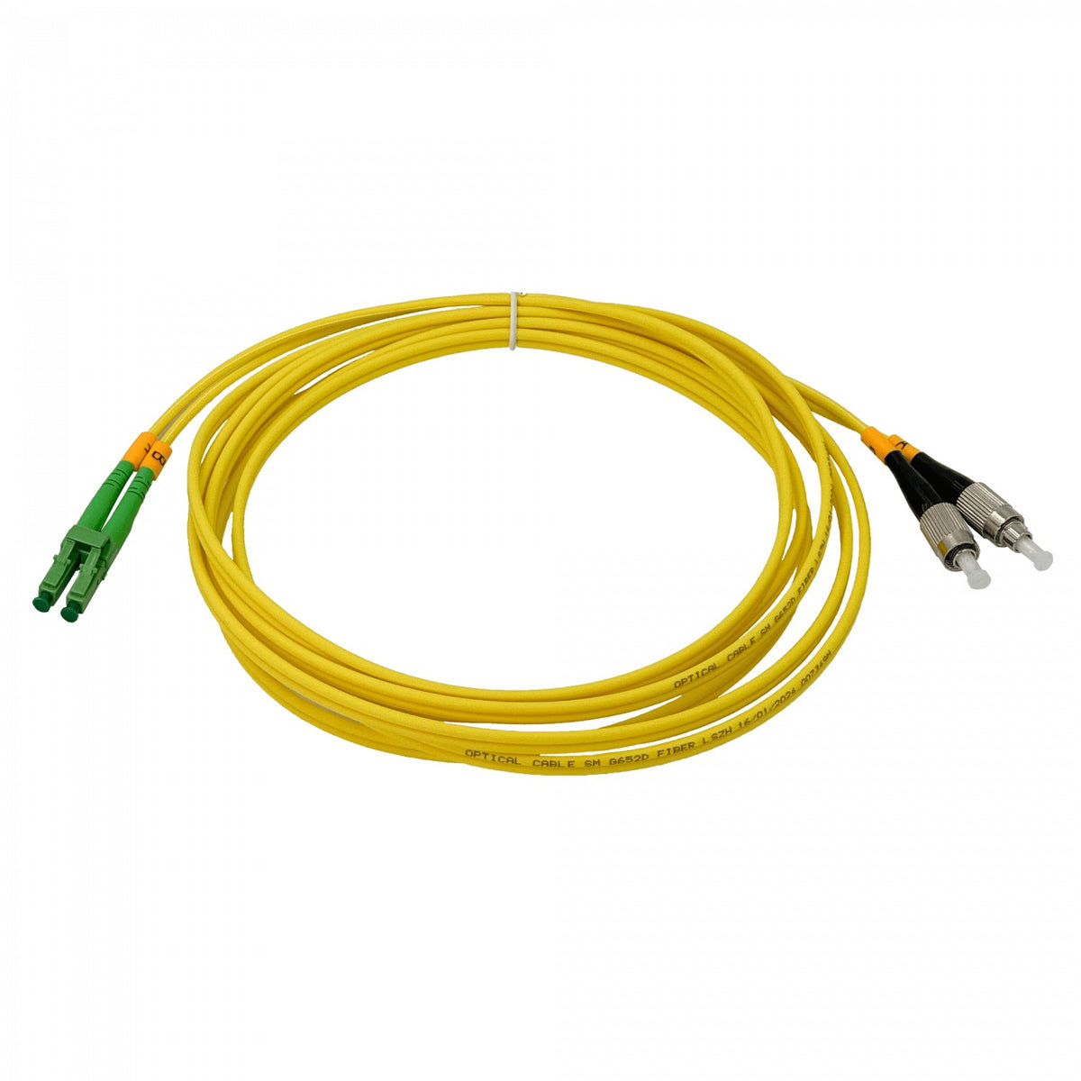 JFSBF3. Cable puente de fibra óptica monomodo dúplex de 3 metros, con conectores LC/APC a FC/UPC, núcleo de 9/125 µm y cubierta de 3 mm.