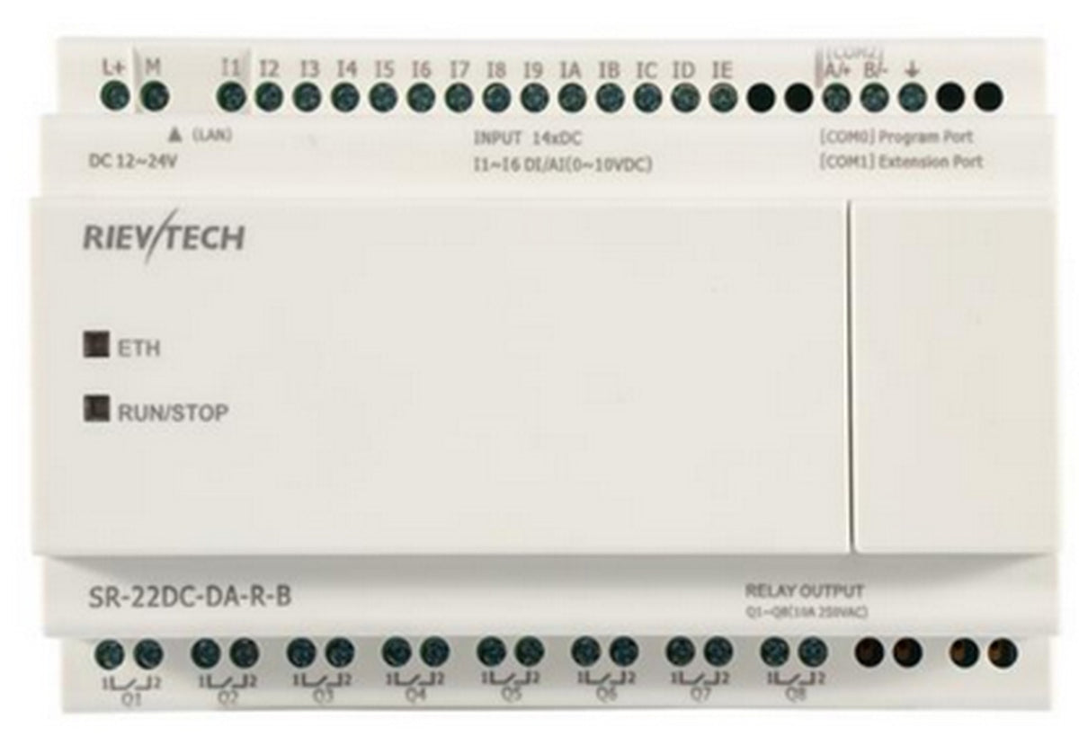 PLC SR-22DC-DA-R-B, 14 entradas (6 análogas 0-10V), 8 salidas relé, sin LCD, alimentación DC12-24V/AC24V, Rievtech
